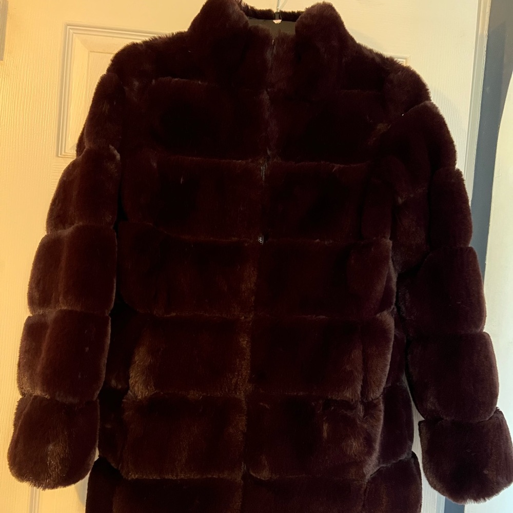 Via Spiga Reversible Grooved Faux-Fur Jacket in "Eggplant" Size S NWOT